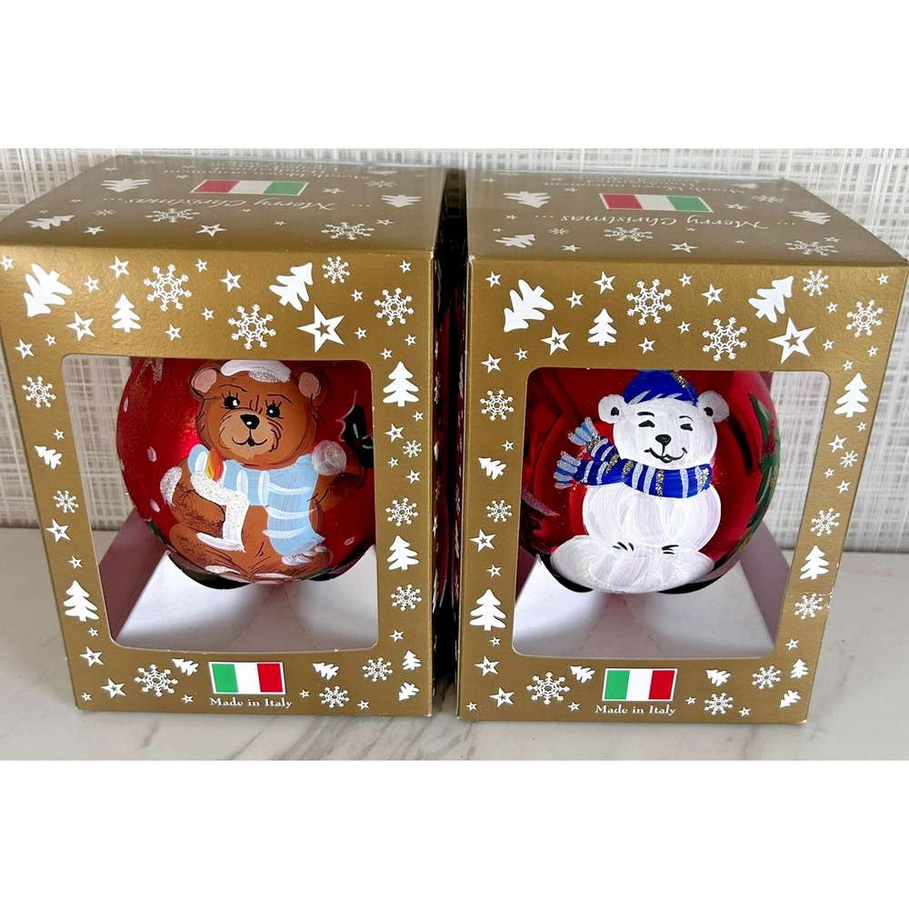 Italy Hand Painted Glass Christmas Ornaments‎ Lot of 2 Bears Polar Brown Re